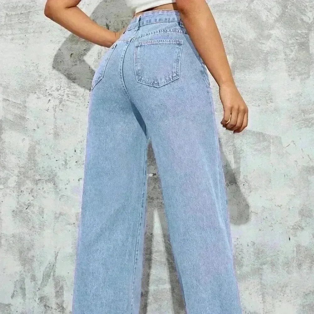 Light Wash Casual Women's High Waist Wide Leg Jeans - Picture 3 of 6